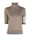 Thom Browne Short-sleeved Turtleneck Sweater With Contrasting Stripes In Brown