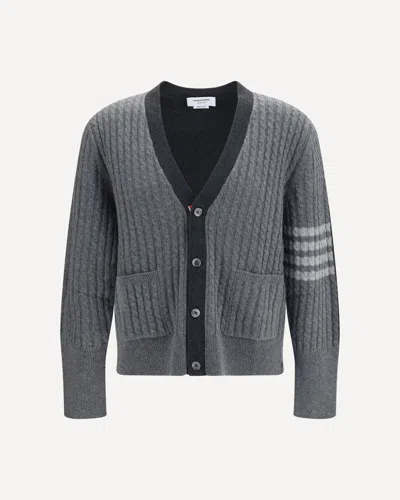 Thom Browne Cable Knit Button-up Front Ribbed Detailing Cardigan In Gray