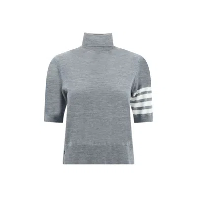 Thom Browne Virgin Wool With Striped Sleeves Turtleneck Sweater In Gray