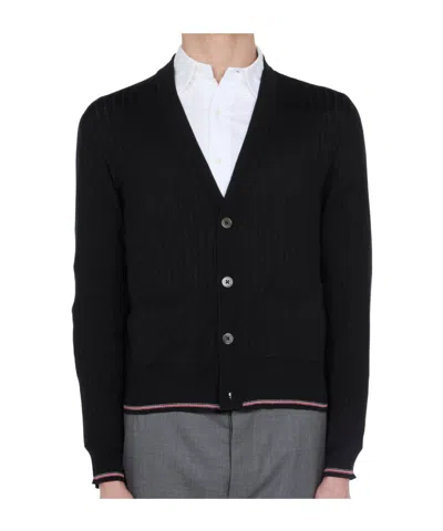Thom Browne Ribbed Merino Wool Cardigan In Black
