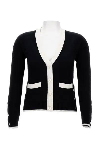 Thom Browne V-neck Cardigan With Contrasting Trim And Button Closure In Black