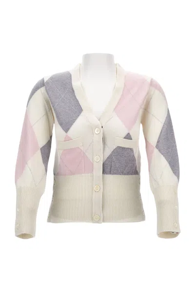 Thom Browne V-neck Cardigan With Geometric Print In Multi