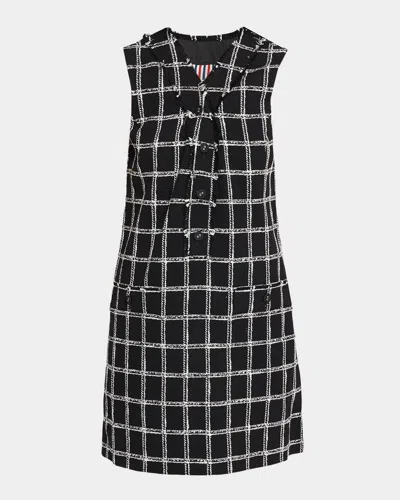 Thom Browne V-neck Frayed Windowpane Tweed Mini Cardigan Dress In Black