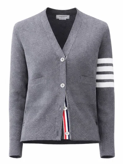 Thom Browne V-neck Horizontal Stripes Detail Cardigan In Gray