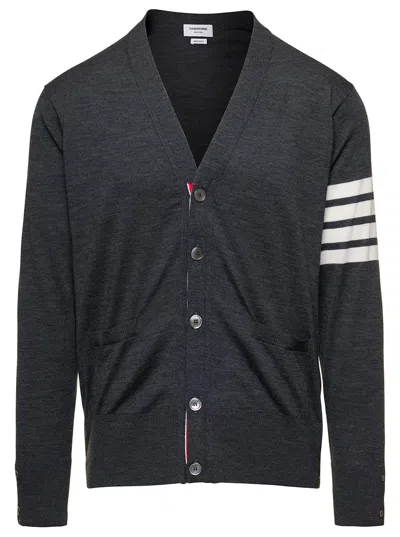 Thom Browne V-neck Wool Cardigan With Stripe Front Detail And Ribbed Finish For Men In Gray