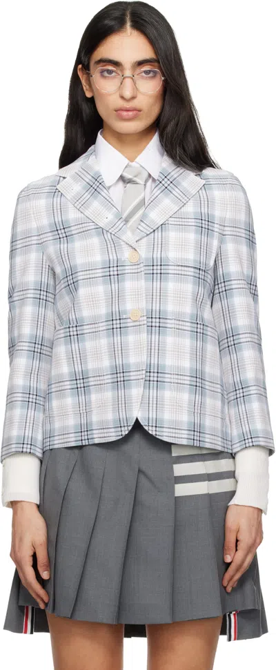 Thom Browne White & Blue Cropped Sack Plaid Cotton Blazer In Multi