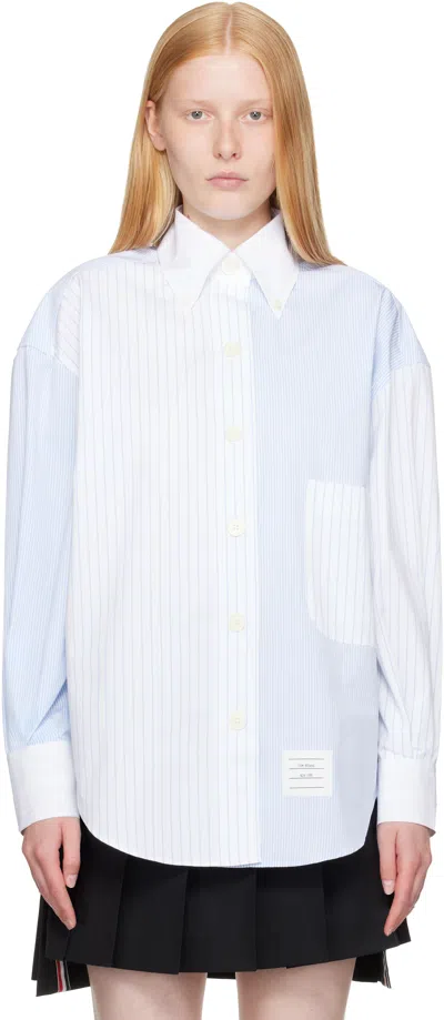 THOM BROWNE WHITE & BLUE PINSTRIPE FUNMIX MICRO UNIVERSITY STRIPED SHIRT
