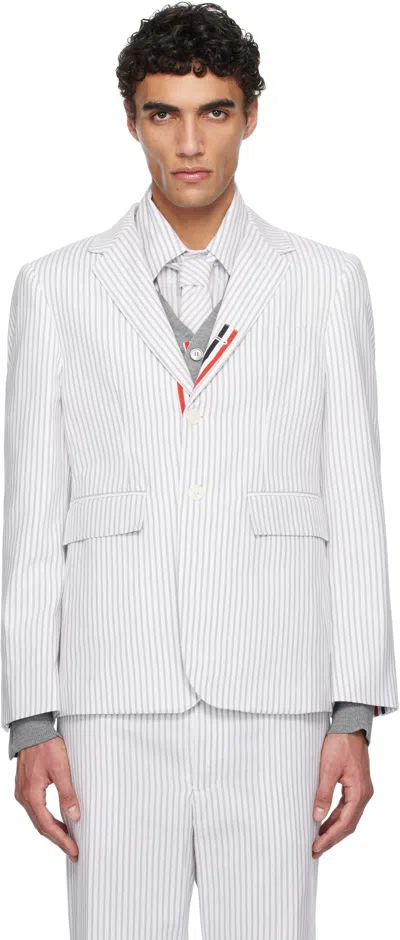 Thom Browne White & Gray Classic Grosgrain Placket Madras Blazer In 035 Med Grey