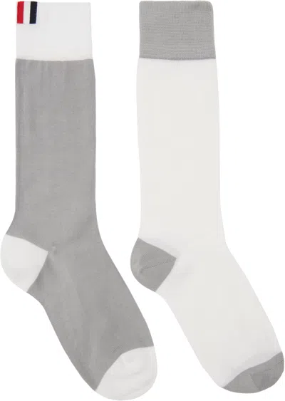 Thom Browne White & Gray Funmix Classic 4-bar Jersey Mid Calf Socks In 136 Lt Grey/white
