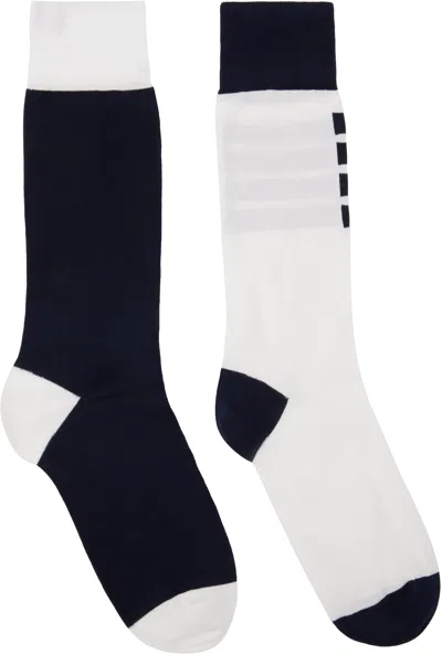 Thom Browne White & Navy Funmix Classic 4-bar Jersey Mid Calf Socks In 979 Navy/white