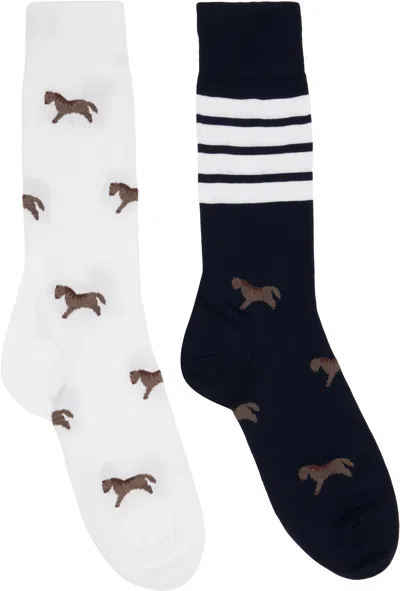 Thom Browne White & Navy Funmix Geese Jacuquard Mid Calf Socks