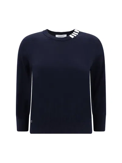Thom Browne Crew Neck Sweater With White Bands In Navy