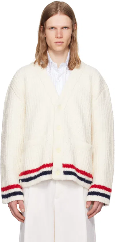 THOM BROWNE WHITE CHUNKY RIB STITCH V NECK CARDIGAN