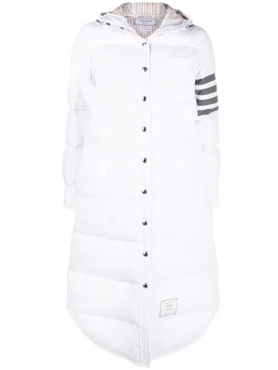 Thom Browne White Down Filled Below Knee Hooded Shirtdress W/ 4 Bar In Military Ripstop