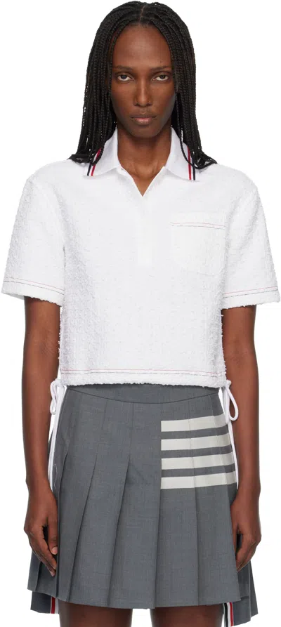 Thom Browne White Eyelash Ribbon Tweed Drawstring Hem Polo