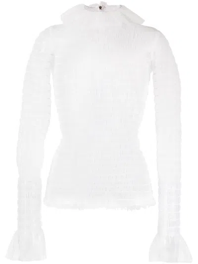 THOM BROWNE WHITE FRILLED HIGH-NECK TULLE TOP
