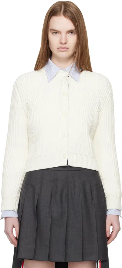 Thom Browne White Full Stitch Cropped Crew Neck Cardigan