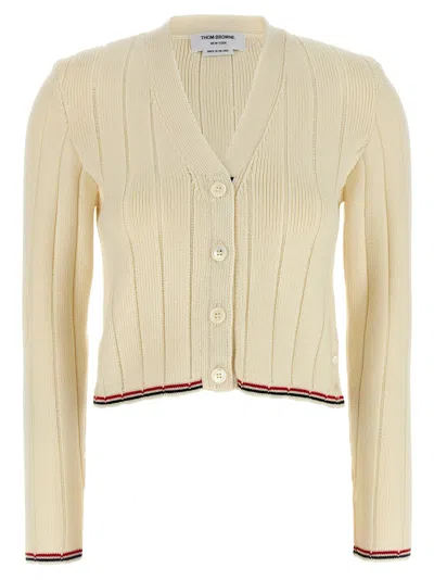 THOM BROWNE WHITE LADDER FULL NEEDLE RIB STITCH CARDIGAN