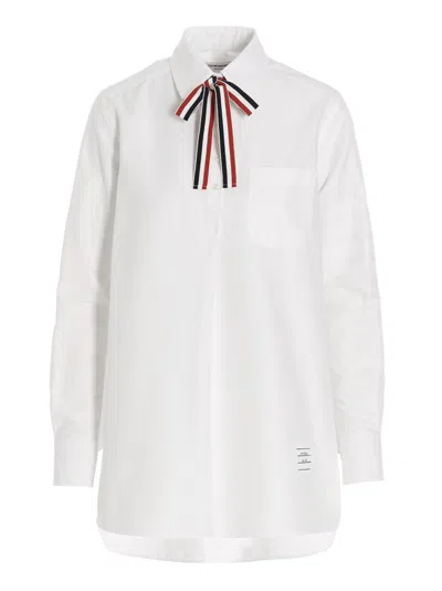 THOM BROWNE WHITE LOGO PUSSY BOW BLOUSE