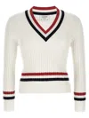 Thom Browne Rwb Cable Knit Sweater Button Detail V Neck In White