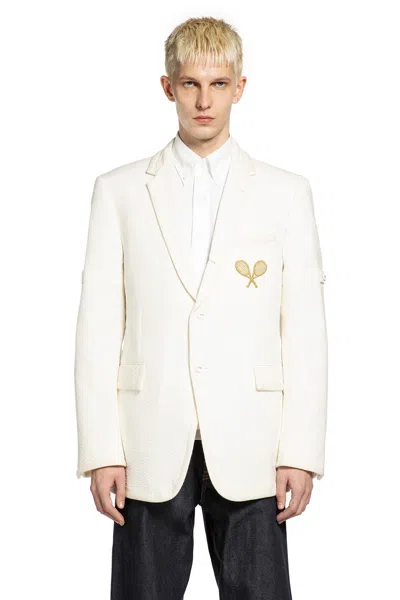 Thom Browne Wide Shoulder Blazer In Wool Seersucker In White
