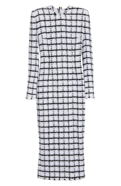 Thom Browne Windowpane Check Tweed Long Sleeve Sheath Dress In White