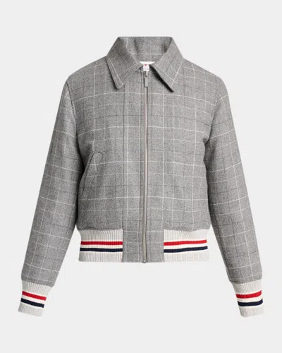 Thom Browne Windowpane Check Wool Zip Jacket With Stripe Trim In Medium Grey