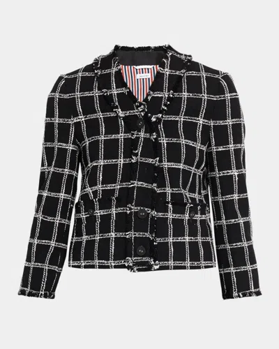 Thom Browne Windowpane Houndstooth Tweed Cardigan Jacket In Black