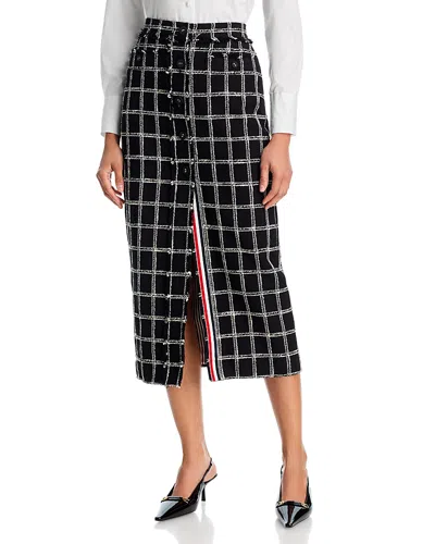 Thom Browne Windowpane Houndstooth Tweed High Waisted Button Front Skirt In Black