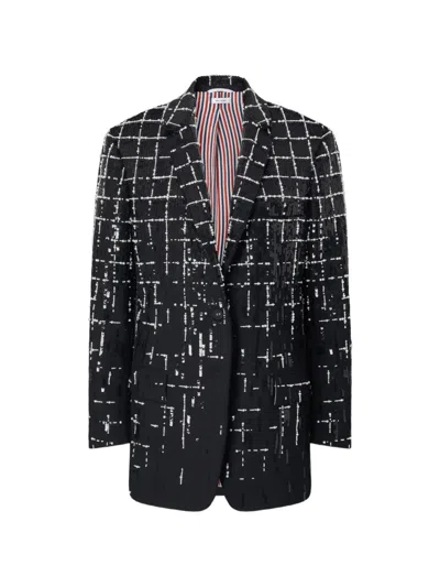Thom Browne Windowpane Sequin-embellished Blazer In Black