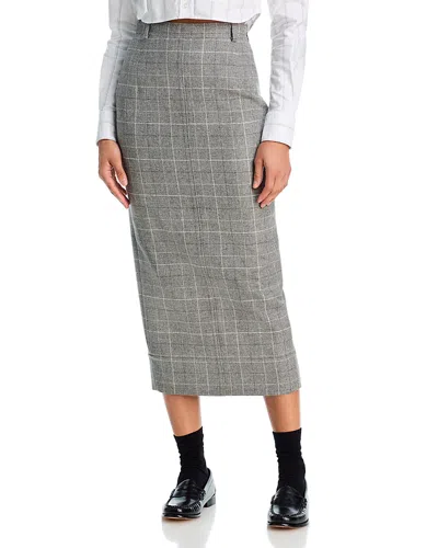 Thom Browne Windowpane Teviot Tweed Calf Length High Waisted Belt Loop Pencil Skirt In Gray