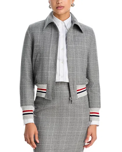 Thom Browne Windowpane Teviot Tweed Down Filled Cropped Flight Jacket In Gray