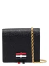 Thom Browne Mini 3-bow Card Holder With Chain Strap In Pebble Grain Leather In Black