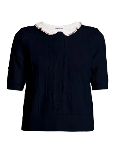 Thom Browne Women's Bobble-stitch Lace-trim Wool-blend Short-sleeve Sweater In Blue