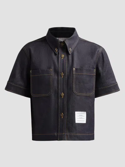 Thom Browne Navy Straight Hem Button Down Point Collar Denim Shirt In Blue