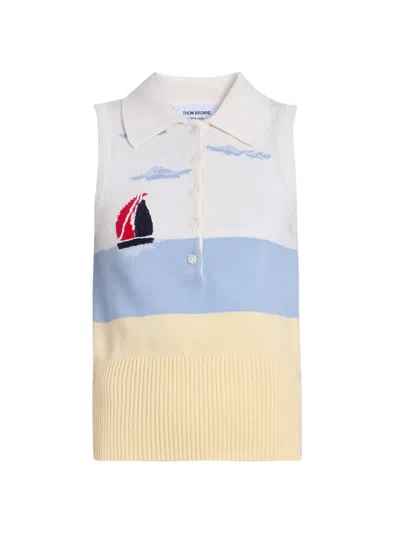 Thom Browne Women's Embroidered Nantucket Intarsia Sleeveless Polo Sweater In White