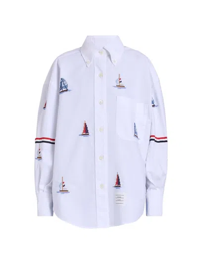 Thom Browne Women's Embroidered Stitch Sailboats Shirt In White