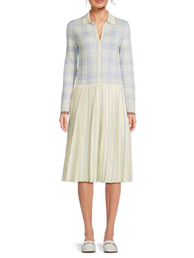 Thom Browne Women's Hairline Check Jacquard Pleated Midi-dress In Blue