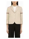 Thom Browne Cropped Striped Grosgrain-trimmed Canvas Blazer In Beige