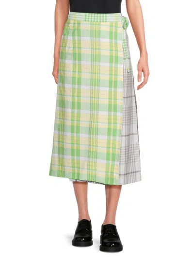 Thom Browne Women's Mix Plaid Midi Wrap Skirt In Green Multi