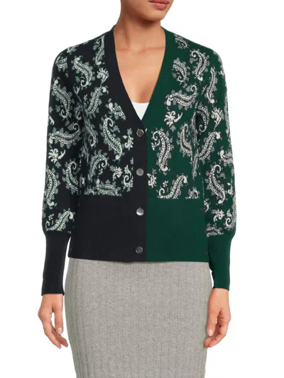 Thom Browne Women's Paisley Jacquard Wool V-neck Cardigan In Green