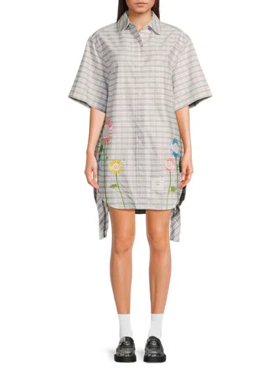 Thom Browne Women's Plaid Embroidered Mini Shirtdress In Medium Grey