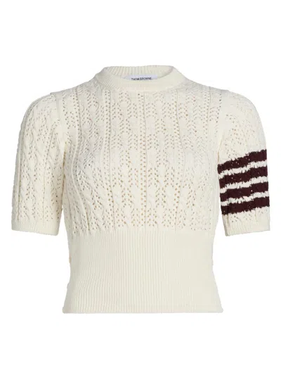 Thom Browne Women's Pointelle Cable Stitch Short-sleeve Sweater In White