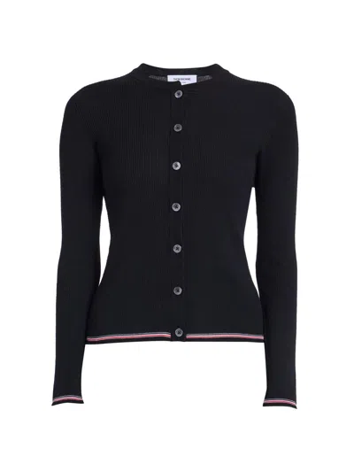 Thom Browne Ribbed Merino Wool With Rwb Stripe Trim Cardigan In Black