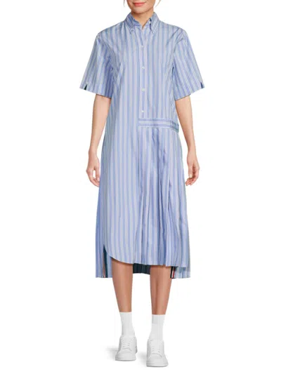 Thom Browne Women's Striped Asymmetric Midi Shirtdress In Light Blue