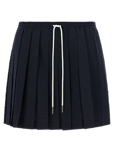 Thom Browne Flared Pleated Mini Skirt In Textured Seersucker Wool In Black