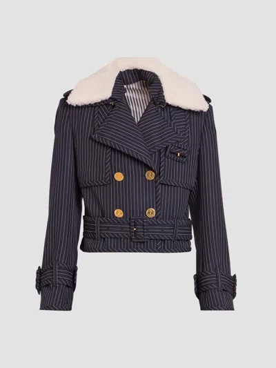 Thom Browne Women's Striped Virgin Wool-shearling Trench Jacket In Blue