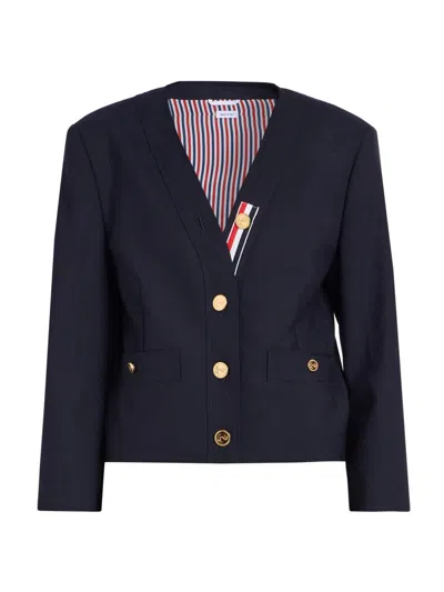 Thom Browne Women's V-neck Wool Cardigan Jacket In Blue
