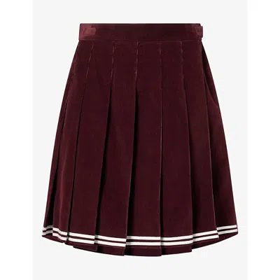 Thom Browne Womens Contrast-stripe Pleated Corduroy Cotton Skirt Burgundy In Brown