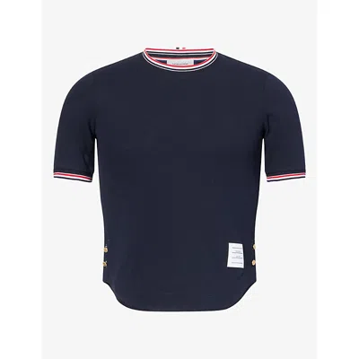 Thom Browne Womens Contrast-stripe Trims Cotton Piqué Top Navy In Black